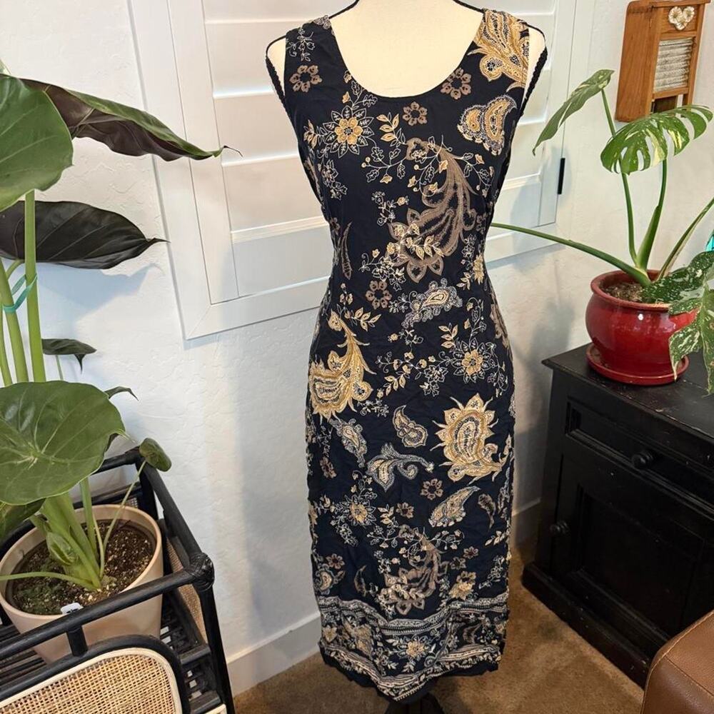 VTG 90s Y2K Dark Fairy Black Paisley Floral Midi Dress Tie Back Boho Whimsigoth - Picture 2 of 8